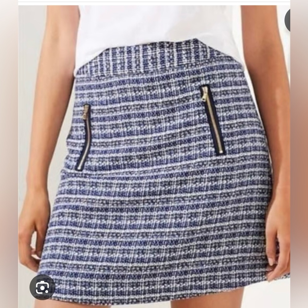 Loft Blue White Tweed Mini Skirt Size 4 Gold Zip Pockets